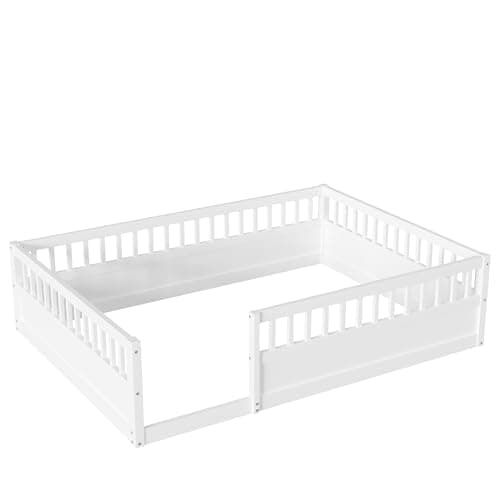 Montessori Ball & Cast Full Floor Bed Frame with Fence, White, No Box Spring Needed