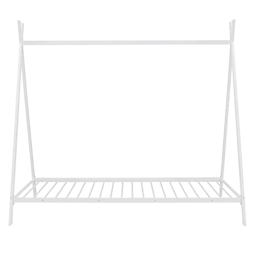 i-POOK Twin Size Metal Floor Bed with X-Frame Support & Decorative Slats, White