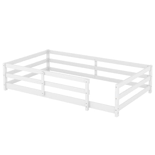 Twin Size Montessori Bed with Fence, Wood for Kids (White)