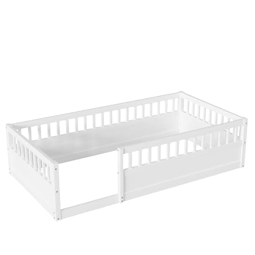 Montessori Twin Bed with High Rails for Kids, White