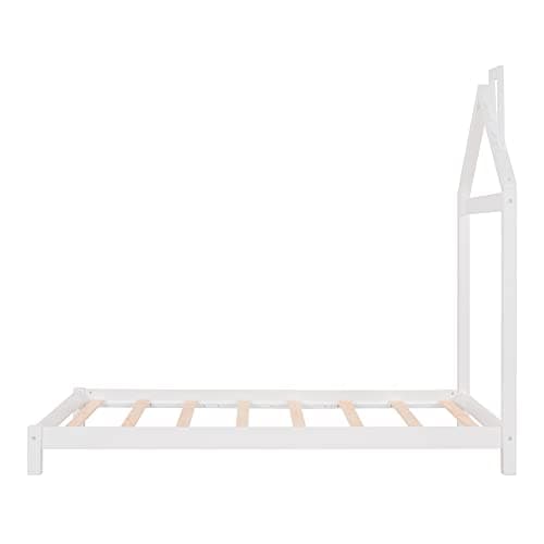 i-POOK Twin Size House Bed with White Roof and Chimney, No Box Spring Needed