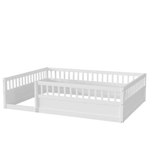 Montessori Full Size Bed with Fence & Open Door, White