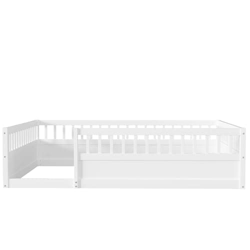 Montessori Ball & Cast Full Floor Bed Frame with Fence, White, No Box Spring Needed