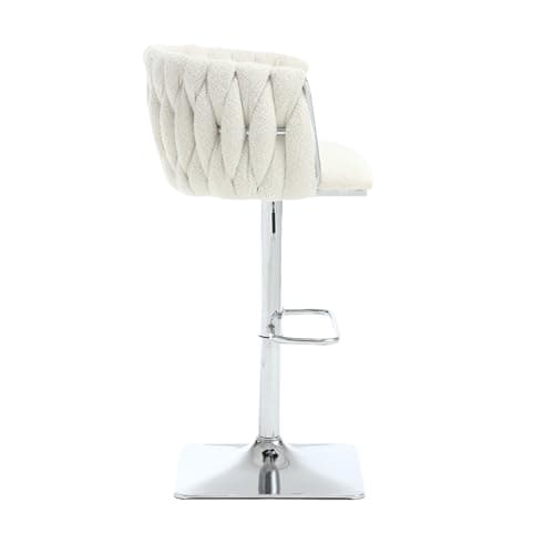 Adjustable Boucle Swivel Bar Stools Set of 2 with Hand Woven Back and Silver Footrest, for Kitchen Island and Dining Room