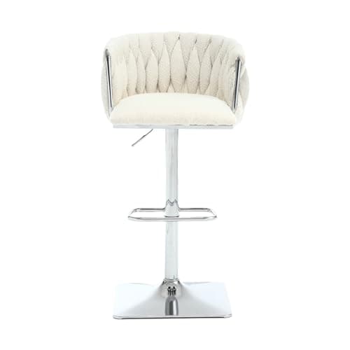Adjustable Boucle Swivel Bar Stools Set of 2 with Hand Woven Back and Silver Footrest, for Kitchen Island and Dining Room
