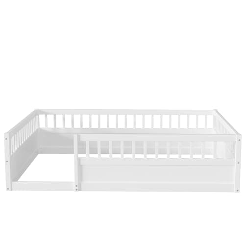 Montessori Full Size Bed with Fence & Open Door, White