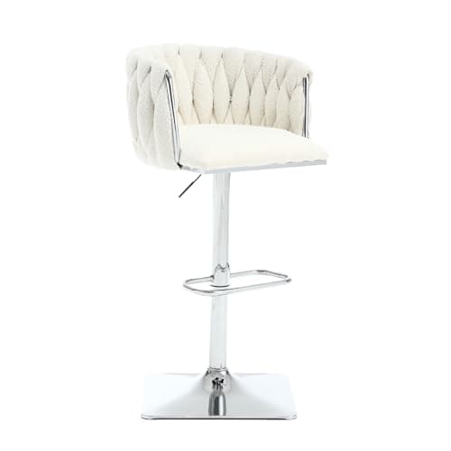 Adjustable Boucle Swivel Bar Stools Set of 2 with Hand Woven Back and Silver Footrest, for Kitchen Island and Dining Room