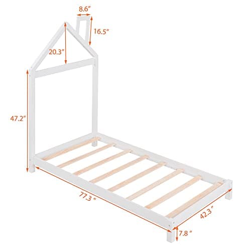 i-POOK Twin Size House Bed with White Roof and Chimney, No Box Spring Needed