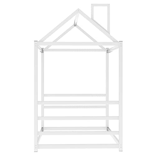 i-POOK White Twin Size House Bed with Roof & Chimney & Storage
