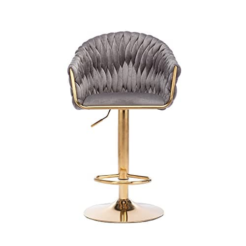 Swivel bar stools with footrest and back in vintage velvet upholstery, metal base, grey