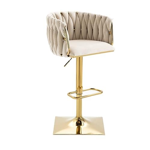 Modern Fabric Upholstered Swivel Bar Stools Set of 2 with Adjustable Height, Woven Back, and Footrest, Ivory