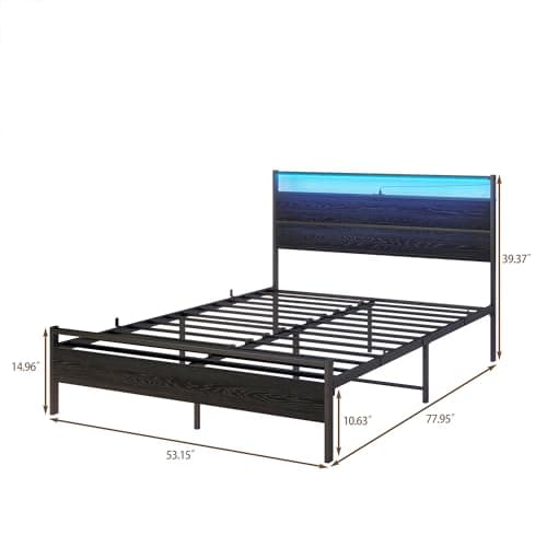 Full Size Metal Bed Frame with Headboard & LED Lights & Charging Station