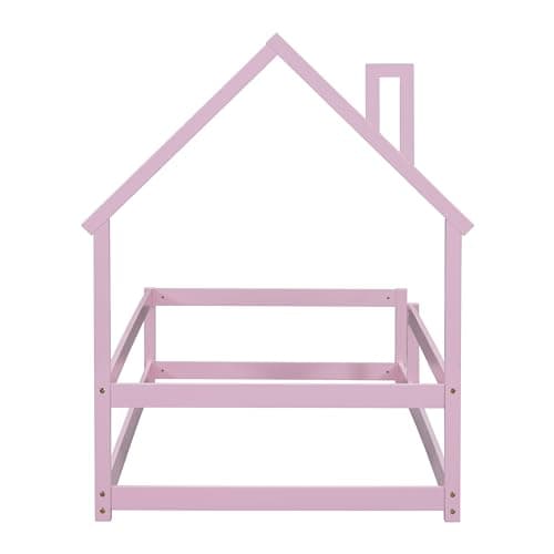 Montessori Twin Floor Bed for Kids with Roof & Guardrails, Pink