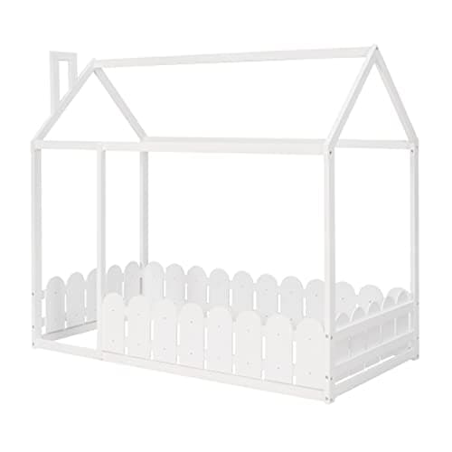 Wood House Bed Frame for Children with Full-Length Guardrail, Twin Size, White