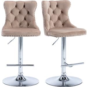 Navy Velvet Swivel Bar Stools, Tufted Back, Silver Chrome Base (2 Pcs)