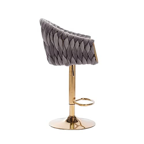 Swivel bar stools with footrest and back in vintage velvet upholstery, metal base, grey