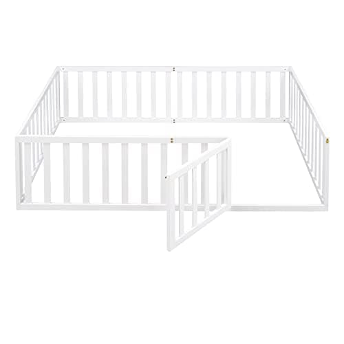 White Full-Size Montessori Floor Bed with Fence and Door