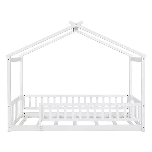 i-POOK White Wood Floor Bed with Fence & Roof for Kids