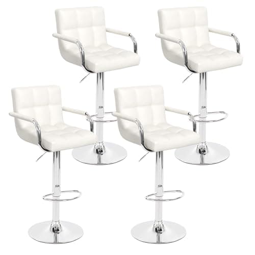 Modern PU Leather Bar Stools Set of 4, Whiteuously Adjustable Square Chairs