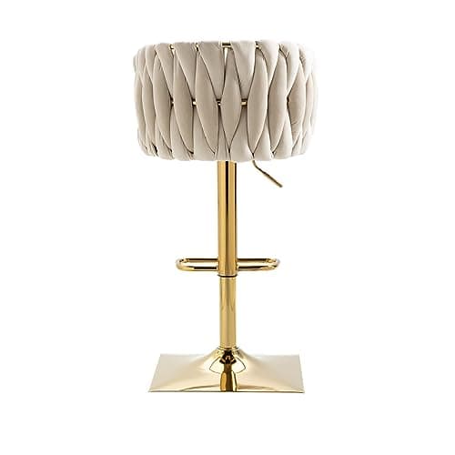 Modern Fabric Upholstered Swivel Bar Stools Set of 2 with Adjustable Height, Woven Back, and Footrest, Ivory