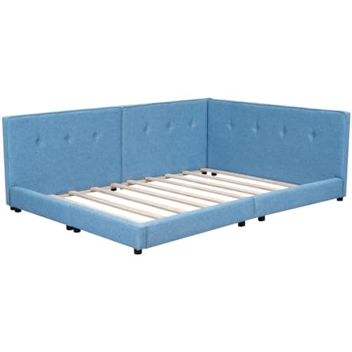 Wood Floor Bed Frame with USB Ports, Blue - Low Profile for Adults and Children up to 600 lbs.