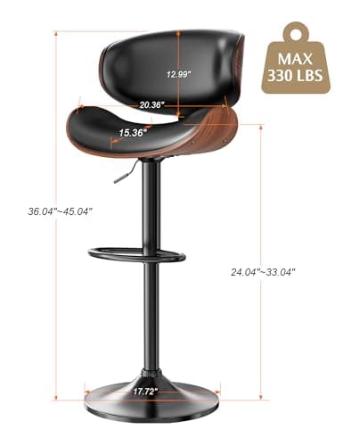 Bentwood Bar Stool Set, Adjustable Height with Footrest, PU Leather, Black Kitchen Bar Chairs
