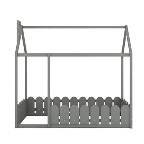Wood House Bed Frame for Kids, Twin Size with Fence & Roof, Full-Length Guardrail, Gray