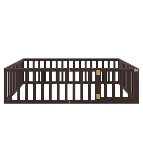 Sturdy Pine Wood Queen Bed Frame with Fence and Door, Walnut Finish