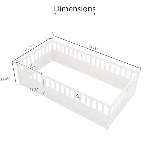 KEIKI Twin Montessori Floor Bed with Fence & Door, White