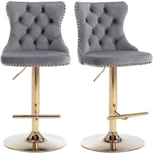 Navy Velvet Swivel Bar Stools, Tufted Back, Silver Chrome Base (2 Pcs)