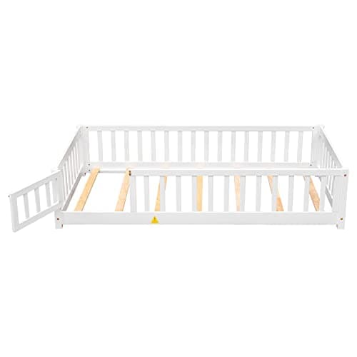 Montessori Twin Bed Frame with Convertible Door & Safety Rails, White