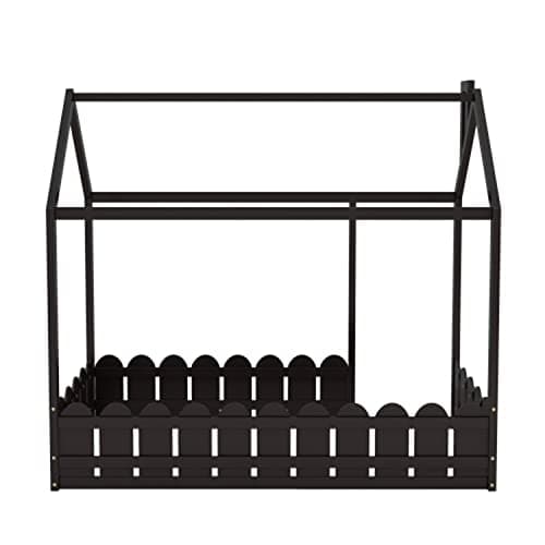 Wood House Bed Frame with Fence, Roof, and Full-Length Guardrail, for Children and Teens