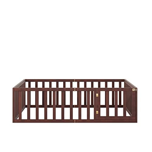 Full Size Montessori Bed Frame with Safety Guardrails and Door, Walnut