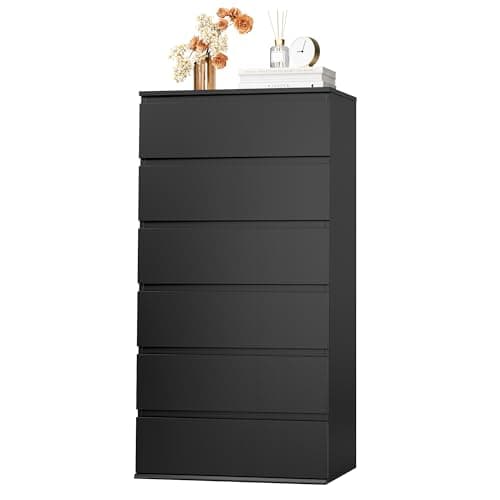 FOTOSOK Tall Black 6-Drawer Dresser with Metal Sliding Rail