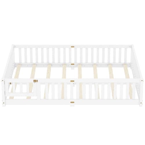 i-POOK Queen Size Wooden Floor Bed for Kids with Guardrails and Door, Gray