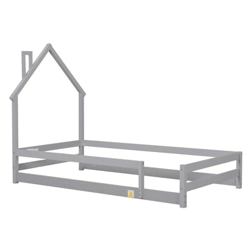 Montessori Twin Floor Bed with House-Shaped Headboard and Fence Guardrails