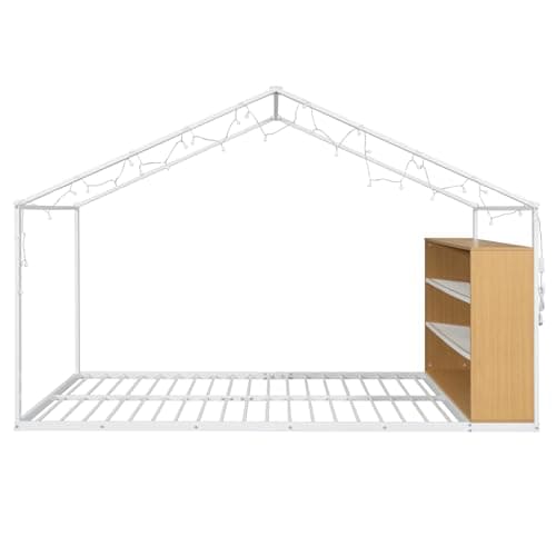 i-POOK Metal House-Shaped Full Size Bed Frame with Lights & Shelves, White