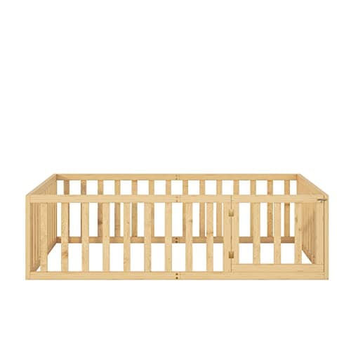 Wooden Montessori Full Size Bed Frame with Safety Rails for Kids, Easy Assembly, Natural Wood Finish