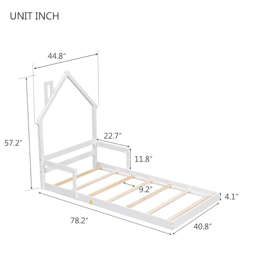 i-POOK Kids Wooden Montessori Floor Bed with House-Shaped Headboard and Handrails, White