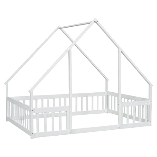 Wooden Montessori Full Floor Bed for Kids with Fence, Playhouse Play Bed - White