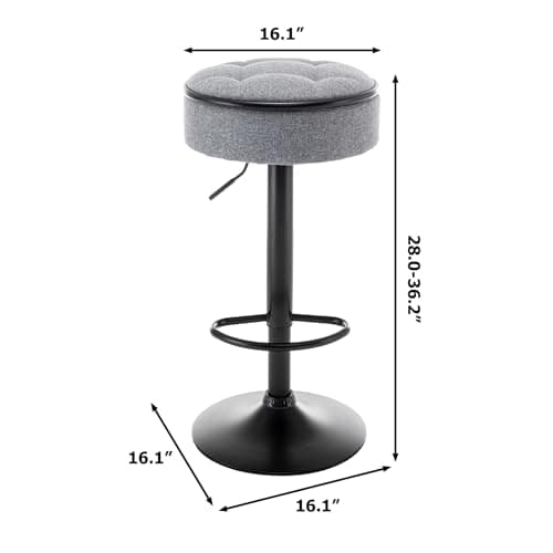 Round Storage Bar Stools Set of 2 with Adjustable Height, Swivel Linen Bar Chair for Kitchen Counter and Dining Room, Grey