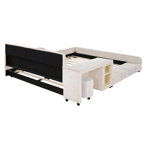 Beige Velvet Upholstered Queen Bed with Desk & Stool, No Box Spring Required
