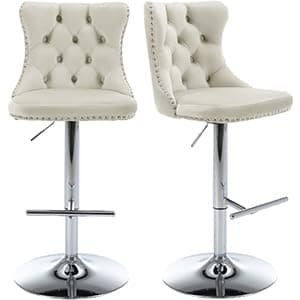 Navy Velvet Swivel Bar Stools, Tufted Back, Silver Chrome Base (2 Pcs)