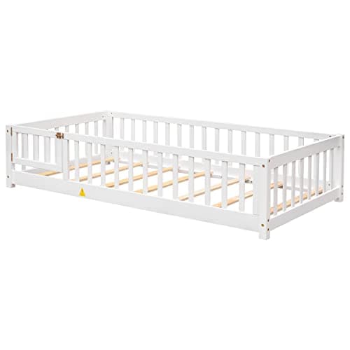 Montessori Twin Bed Frame with Convertible Door & Safety Rails, White
