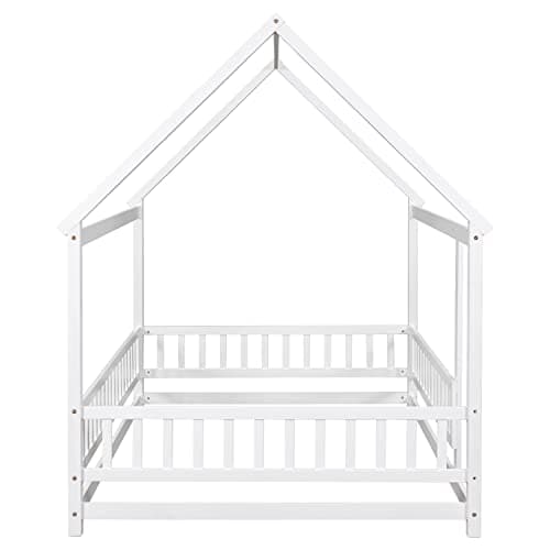 Montessori Floor Bed Frame with Roof & Fence, White, No Box Spring Needed