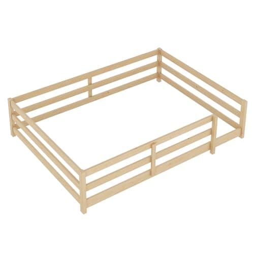 Full Size Wood Floor Bed Frame with Fence - Natural
