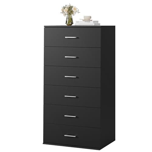 FOTOSOK Black Tall Dresser with 6 Drawers & Modern Handles
