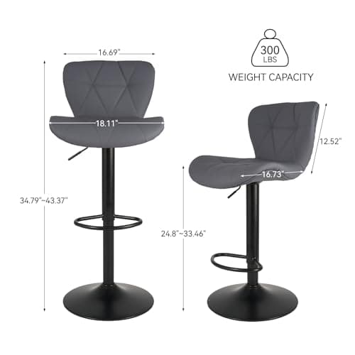 Dark Grey Adjustable Faux Leather Bar Stools, Counter Height Swivel Chairs with Back for Kitchen Island