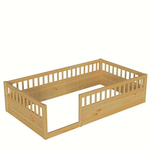 Twin Size Toddler Floor Bed Frame with High Rails & Montessori Design (Natural)