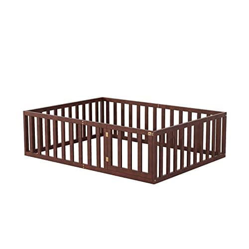 Full Floor Bed Frame for Toddler with Fence and Wood Slats